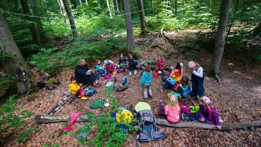 Die Kinder des Waldkindergartens Zappelphilipp im hessischen Wiesbaden nehmen auf dem Pausenplatz ihr Mittagessen ein. Die gebür