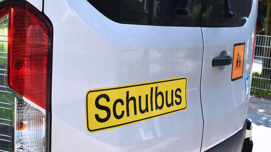 Close-up of signs on a school bus for handicapped children in Germany