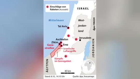Grafik-Karte Nr. 106224, Hochformat 60 x 90 mm, "Karte Israel und Gazastreifen"; Grafik/Redaktion: A. Brühl, S. Stein Gazastreifen (08.10.2023)