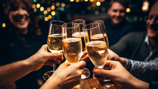Happy friends having fun and toasting sparkling wine glasses close-up against golden bokeh lights background. Christmas celebrat