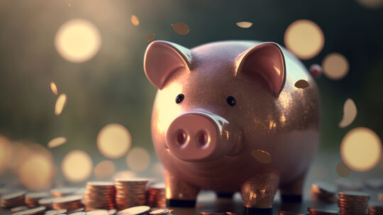 The Piggy Bank's Treasure Trove: A Heap of Golden Coins Surrounds the Iconic Money Box