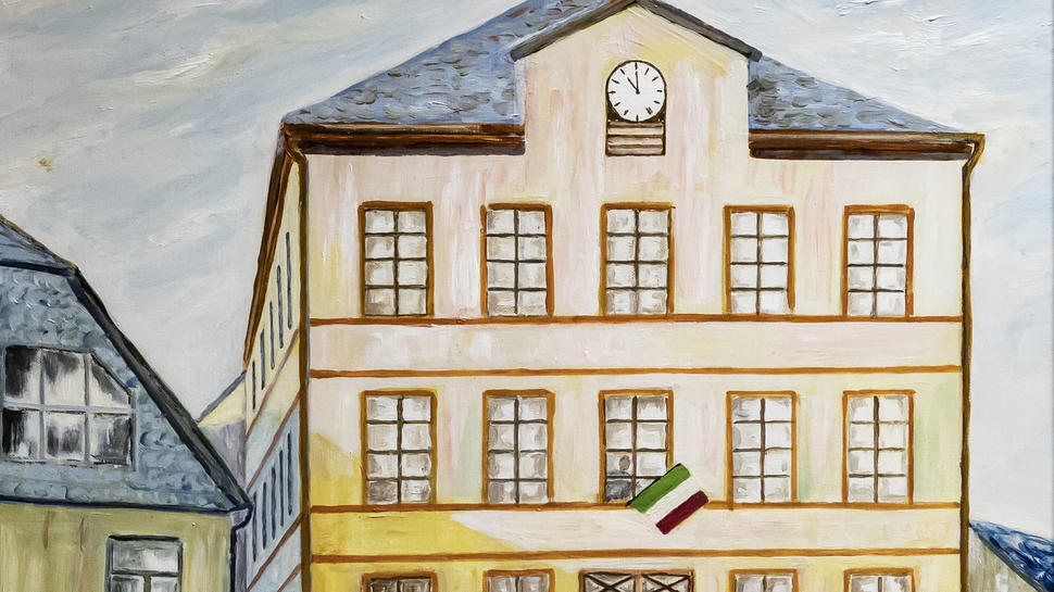 Ein Ölgemälde des zeitgenössischen Künstlers Hermann Becker-Rische erinnert an den Sturm des Idarer Rathauses am 12. November 1923. Das Originalbild hängt in der Idarer Volksbankfiliale.  Foto: Hosser