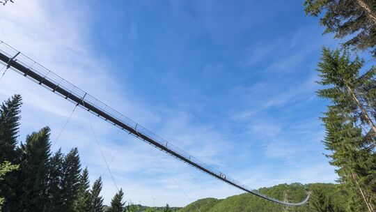 Weitwinkelaufnahme der Hängeseilbrücke Geierlay, die hoch über einem bewaldeten Tal zwischen zwei Hügeln schwebt, mit Spaziergän