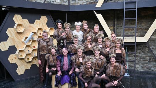 Theatergruppe in fantasievollen Fellkostümen auf Bühne mit Waben-Dekoration und Kulisse aus Holz und Stein.