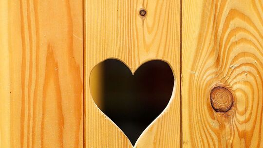 Die Tür eines Toilettenhäuschens mit herzförmigen Loch im Holz