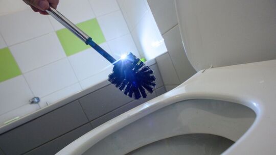 Eine glänzende Klobürste über einer Toilettenschüssel