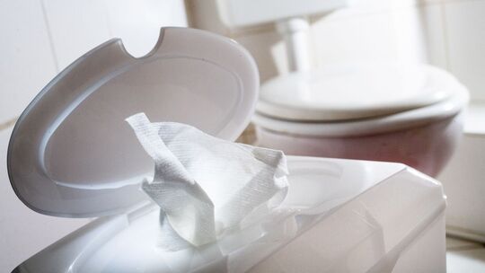 Feuchttücher sind neben einer Toilette zu sehen