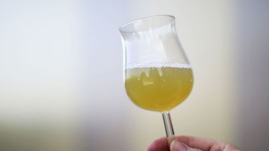 Eine Frau hält ein Glas mit Traubensaft in der Hand