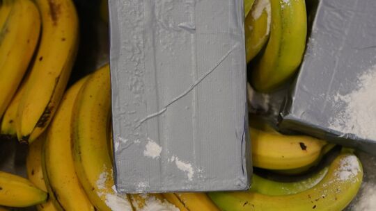 Weißes Pulver, das Kokain darstellen soll, liegt neben Bananen.