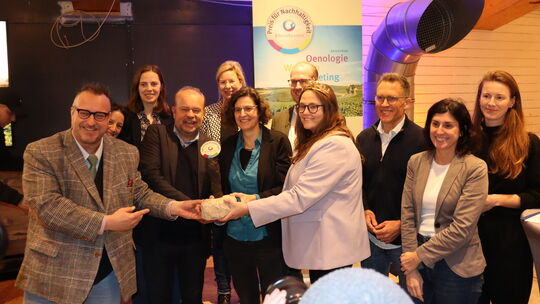 Der Nachhaltigkeitspreis Rheinhessen besteht aus einem Rebwurzelstück mit Plakette auf einem Steinblock und hat starken symbolis