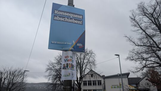 Direkt an der Turnhalle der Martin-Luther-Grundschule und Kita Honigtopf an der Burgstraße hat die AfD ein Plakat aufgehangen, d