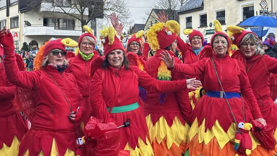 Niederelbert: Diese Möhnen von den "Fidelen Hühnern" haben sich als kunterbunte Papageien getarnt.