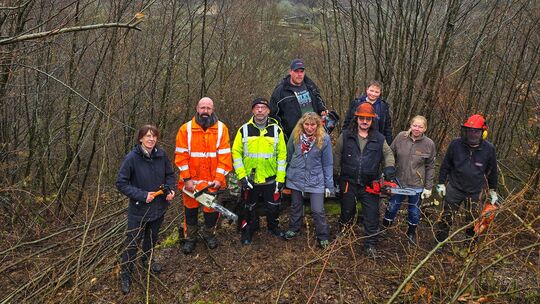 Mit Motorsäge, Astschere und Freischneider: Die fleißigen Helfer des Heimatvereins Bundenbach schneiden bei leichtem Nieselregen