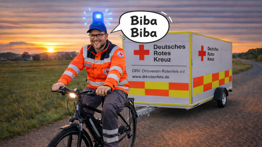 Mit Humor macht das Rote Kreuz von Norheim darauf aufmerksam, dass ein Fahrzeug zum Ziehen des Materialanhängers fehlt...