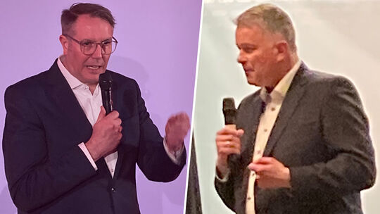 Alexander Schweitzer (links) ging am Donnerstagabend in Kirchen-Wehbach auf Stimmenfang, Gordon Schnieder in Altenkirchen.