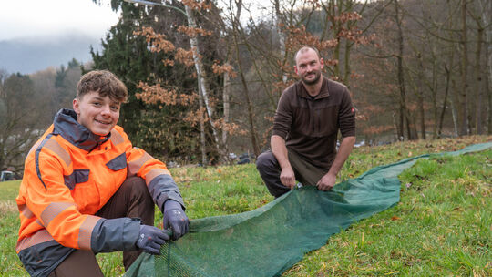 Zwei Mitarbeiter des städtischen Bauhofs stellen den Amphibienschutzzaun im Kurpark Bad Salzig auf.