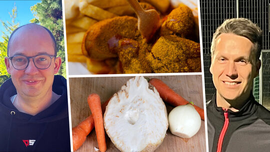 Was essen Jörn Kampmann (links) und Pascal Rowald lieber: eine Currywurst oder ein Sellerieschnitzel? 
Montage: Svenja Wolf.