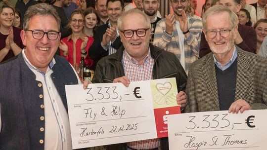 Klaus Strüder (links) übergab anlässlich seines 60. Geburtstages insgesamt 6666 Euro an die Stiftung Fly & Help und an das Dernb