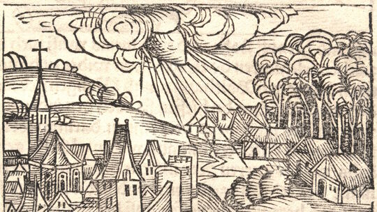 Diese Darstellung aus der Schedelschen Weltchronik von 1493 zeigt den Donnerstein von Ensisheim vom 7. November 1492. Es handelt