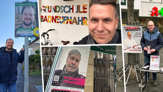 Im Stadtbild fallen die vielen Wahlplakate von Christoph Scheuer (links), Jörn Kampmann (rechts) oder auch Axel Ritter (unten Mi