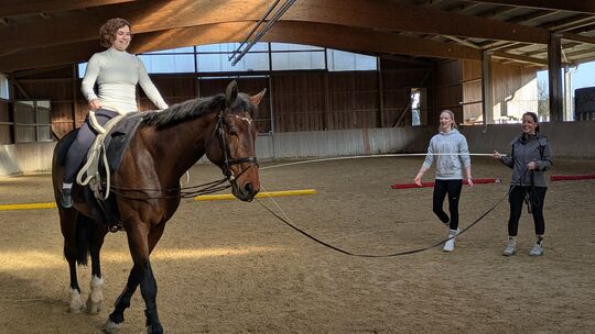 VG-Bürgermeisterin Maren Busch bei den ersten Runden in Langenscheid. Das Voltigieren ist nur eine Station ihrer Tour durch die