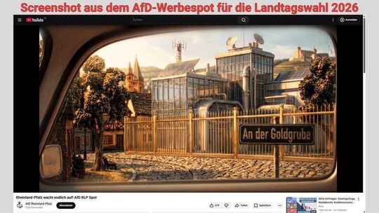 Auf diesem Screenshot des mit KI erstellten Wahlwerbespots der AfD Rheinland-Pfalz steht das Biontech-Hauptgebäude im Vordergrun