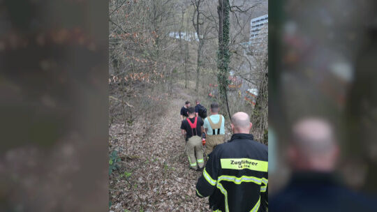 Die Einsatzkräfte der Bad Kreuznacher Feuerwehr bahnen sich ihren Weg durch steiles Waldgelände, um eine verletzte Spaziergänger