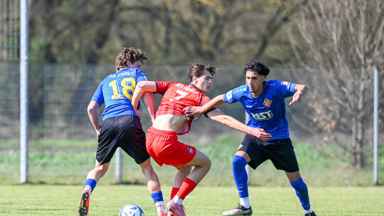 Nein, am mangelnden Einsatz lag es nicht, dass die U17-Fußballer der TuS Koblenz (blaue Trikots) gegen den 1. FC Heidenheim mit