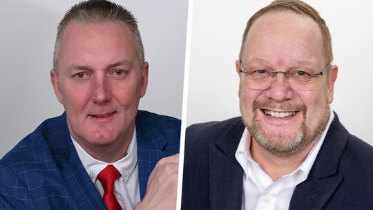 Mark Geimer (parteilos; links) und Volker Risse (CDU) duellieren sich in einer Stichwahl um das Amt des Stadtbürgermeisters von