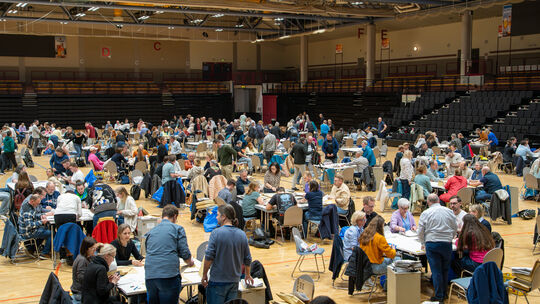 Viele Menschen zählen in der EPG-Arena am Wahlabend die Stimmzettel aus. Die Parteien haben in den einzelnen Stadtteilen zum Tei