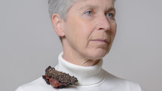 Sara Heidary "Ohne Titel", Brosche, 2024, Textil, Zardouzi, Stein