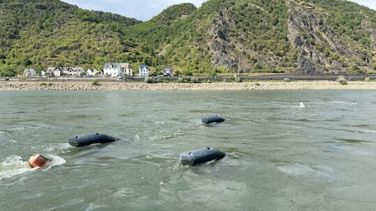 Die ersten Energyfische schwimmen im Rhein bei St. Goar, gegenüber von Ehrenthal - und liefern Strom. Das Schwarmkraftwerk ist d