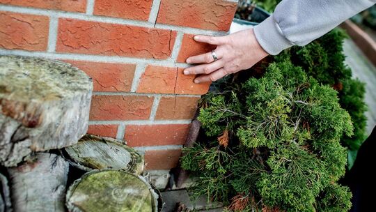 Eine Person überprüft eine Hausfassade