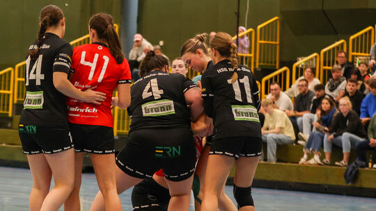 Mit vereinten Kräften wollen die Handballerinnen der HSG Nahe-Glan (schwarze Trikots) auch im letzten Heimspiel in der Kirner Ky