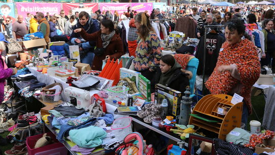 Ein Flohmarktstand, wie er im Buche steht, oder in den Rheinanlagen: mit Spielzeug, Kinderkleidung und Haushaltsartikeln.