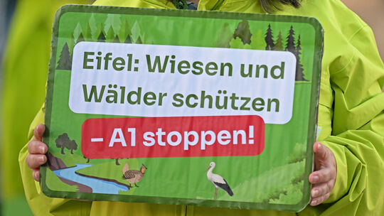 Mitglieder des BUND Rheinland-Pfalz demonstrierten vor dem Bundesverwaltungsgericht gegen den Ausbau der Autobahn A1, als dort ü