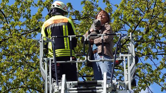 Glücklich nimmt Silke Salinas in Heilberscheid zwölf Meter über der Erde die gerade vom Baum gerettet vierjährige Fine in den Ar