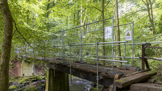 Die Holzbachschlucht ist ein touristisches Kleinod. Die Fußgängerbrücke führt über den Holzbach und ist sanierungsbedürftig.