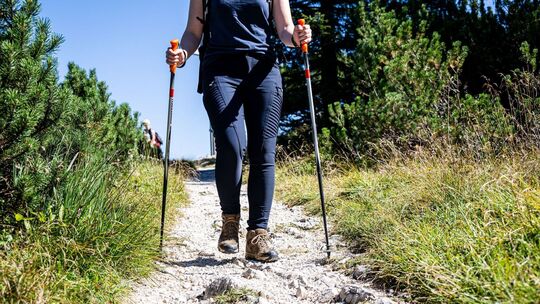 Eine Wanderin unterwegs mit Wanderstöcken Eine Wanderin unterwegs mit Wanderstöcken