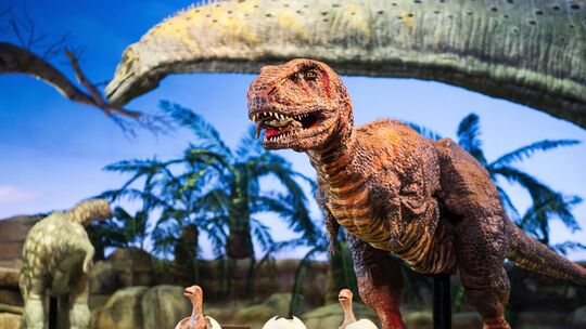 Besucher der Show im Kulturwerk können scheinbar in das faszinierende Leben der Dinosaurier eintauchen, was zugleich lehrreich u