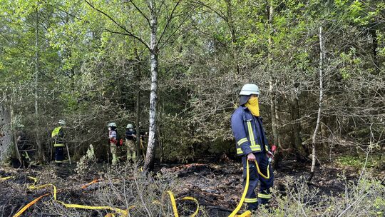 Mit Netzmittel, Löschwasser mit Schaumbeimischung, bekämpft die Feuerwehr am Samstagvormittag Glutnester.