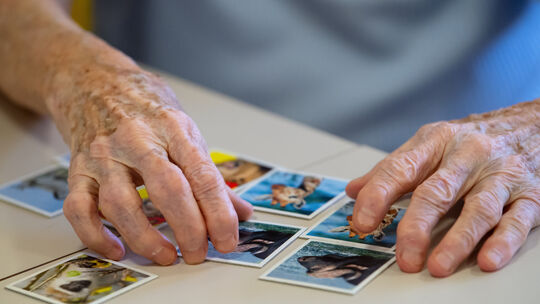 Eine Bewohnerin eines Altenheims spielt auf einer Pflegestation das Spiel "Memory" und legt Kartenpaare zusammen. In Mayen gab e