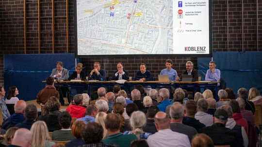 Infoveranstaltung in der Turnhalle der Koblenzer Grundschule Pestalozzi: Auf dem Podium von rechts Christian Kühne vom Jugendamt