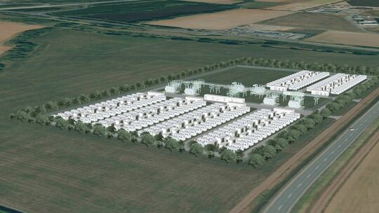 Eine 3D-Visualisierung des geplanten Batteriespeicherwerks in Wittlich-Wengerohr nahe des Umspannwerks. Die Anlage soll eine Flä