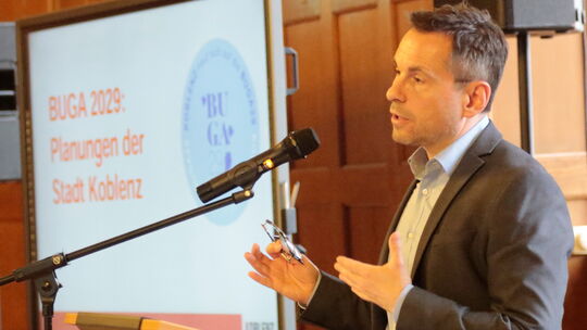 OB David Langner stellt die Planungen der Stadt Koblenz für die Buga 2029 vor.