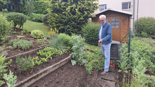 Gartenbesitzer Jörg Dees deutet auf die Spuren der Verwüstung in seinem Garten. Wildschweine kamen vorbei, um hier ihr Unwesen z