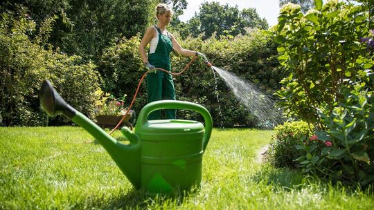 Eine Frau gießt Pflanzen mit einem Wasserschlauch