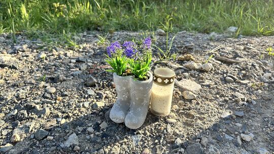Am Ortsrand von Ebernhahn erinnern eine Kerze und Blümchen an die 67-Jährige, die dort auf brutale Weise getötet wurde.