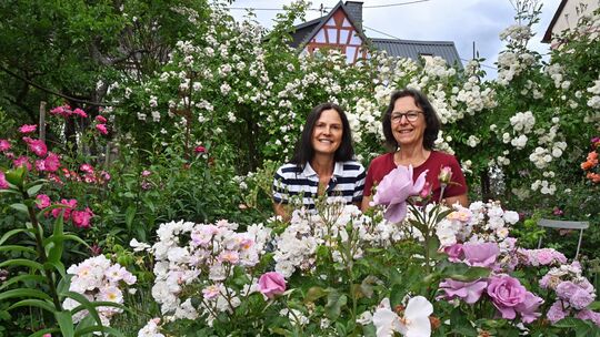 Seit 23 Jahren hüten Beate Lieber (rechts) und Stefanie Langer ihr gemeinsames Rosenparadies in Medenscheid. 500 verschiedene So
