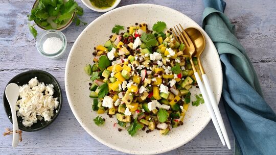 Ein Teller mit Linsensalat und weiteren Zutaten Ein Teller mit Linsensalat und weiteren Zutaten